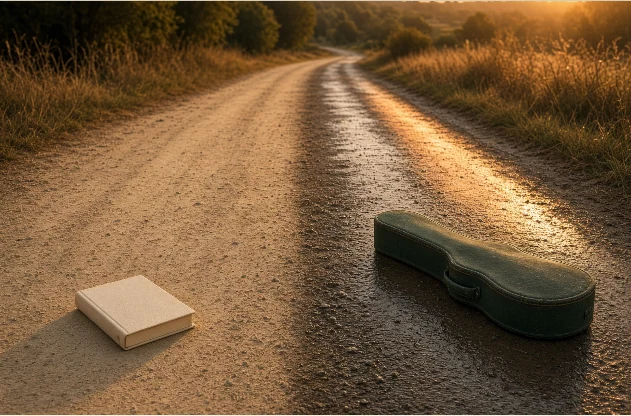 Livro e estojo musical sobre uma estrada dourada